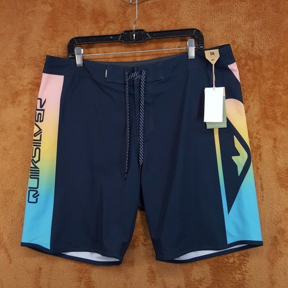 QUIKSILVER Board Shorts Mens Size 38 Navy Surfsilk Holmes Boardshorts Neon Logo